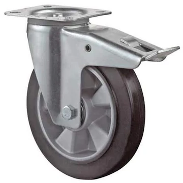 Beálló szállítógörgő fékkel, alumínium felni, rugalmas fekete abroncs, átm. 100 mm, teherbírása 150 kg