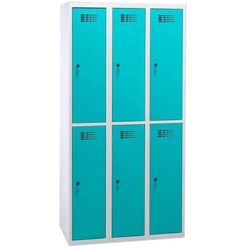 Rövidajtós öltözőszekrény WEMO, 3x2 rekesz, 900x500x1800 mm, ajtó színe türkizkék RAL5018, hengerzár