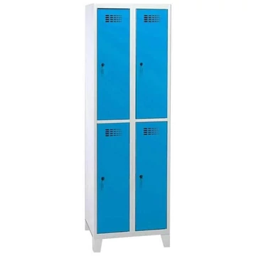 Rövidajtós öltözőszekrény WEMO, 2x2 rekesz, 600x500x1940 mm, lábbal, ajtó színe kék RAL5012, hengerzár