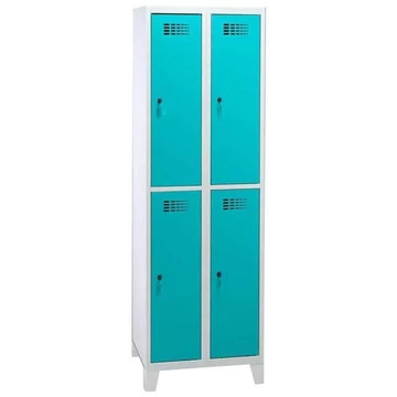 Rövidajtós öltözőszekrény WEMO, 2x2 rekesz, 600x500x1940 mm, lábbal, ajtó színe türkizkék RAL5018, forgóreteszes zár