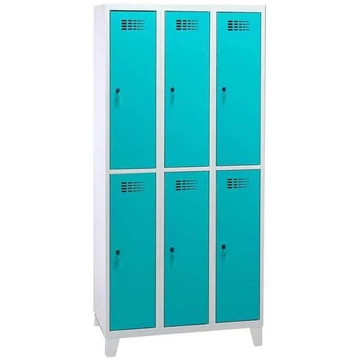 Rövidajtós öltözőszekrény WEMO, 3x2 rekesz, 900x500x1940 mm, lábbal, ajtó színe türkizkék RAL5018, forgóreteszes zár