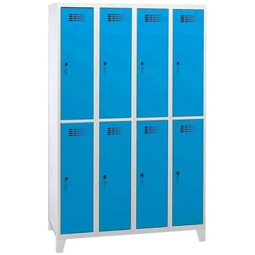 Rövidajtós öltözőszekrény WEMO, 4x2 rekesz, 1200x500x1940 mm, lábbal, ajtó színe kék RAL5012, forgóreteszes zár