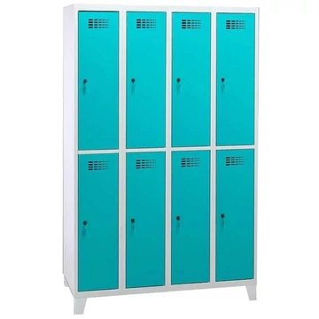 Rövidajtós öltözőszekrény WEMO, 4x2 rekesz, 1200x500x1940 mm, lábbal, ajtó színe türkizkék RAL5018, forgóreteszes zár