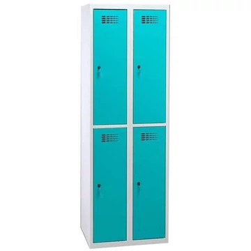 WEMO szekrény, 2x2 rekesz, 600x500x1800 mm, ajtó színe türkizkék RAL5018, hengerzár