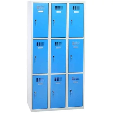 WEMO szekrény, 3x3 rekesz, 900x500x1800 mm, ajtó színe kék RAL5012, hengerzár