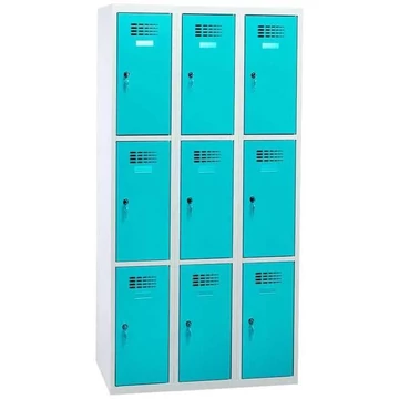 WEMO szekrény, 3x3 rekesz, 900x500x1800 mm, ajtó színe türkizkék RAL5018, hengerzár