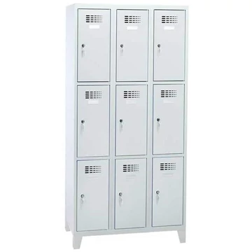 Rövidajtós öltözőszekrény WEMO, 3x3 rekesz, 900x500x1940 mm, lábbal, ajtó színe szürke RAL7035, hengerzár