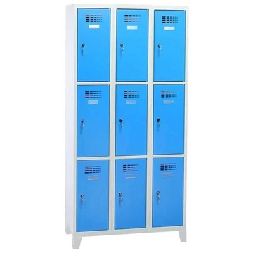 WEMO szekrény, 3x3 rekesz, 900x500x1940 mm, lábbal, ajtó színe kék RAL5012, hengerzár