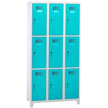 WEMO szekrény, 3x3 rekesz, 900x500x1940 mm, lábbal, ajtó színe türkizkék RAL5018, hengerzár