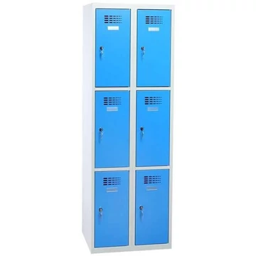 Rövidajtós öltözőszekrény WEMO, 2x3 rekesz, 600x500x1800 mm, ajtó színe kék RAL5012, forgóreteszes zár