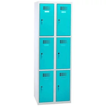 Rövidajtós öltözőszekrény WEMO, 2x3 rekesz, 600x500x1800 mm, ajtó színe türkizkék RAL5018, forgóreteszes zár