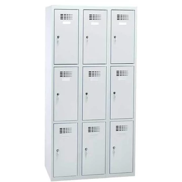 Rövidajtós öltözőszekrény WEMO, 3x3 rekesz, 900x500x1800 mm, ajtó színe szürke RAL7035, forgóreteszes zár