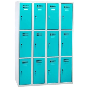 Rövidajtós öltözőszekrény WEMO, 4x3 rekesz, 1200x500x1800 mm, ajtó színe türkizkék RAL5018, forgóreteszes zár