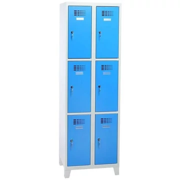 Rövidajtós öltözőszekrény WEMO, 2x3 rekesz, 600x500x1940 mm, lábbal, ajtó színe kék RAL5012, csavaros zár