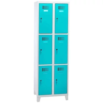 Rövidajtós öltözőszekrény WEMO, 2x3 rekesz, 600x500x1940 mm, lábbal, ajtó színe türkizkék RAL5018, forgóreteszes zár