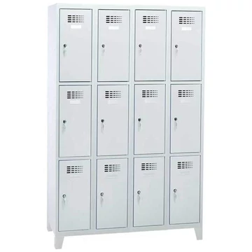 Rövidajtós öltözőszekrény WEMO, 4x3 rekesz, 1200x500x1940 mm, lábbal, ajtó színe szürke RAL7035, forgóreteszes zár