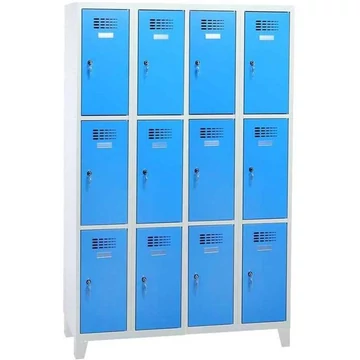 Rövidajtós öltözőszekrény WEMO, 4x3 rekesz, 1200x500x1940 mm, lábbal, ajtó színe kék RAL5012, forgóreteszes zár