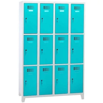 Rövidajtós öltözőszekrény WEMO, 4x3 rekesz, 1200x500x1940 mm, lábbal, ajtó színe türkizkék RAL5018, forgóreteszes zár