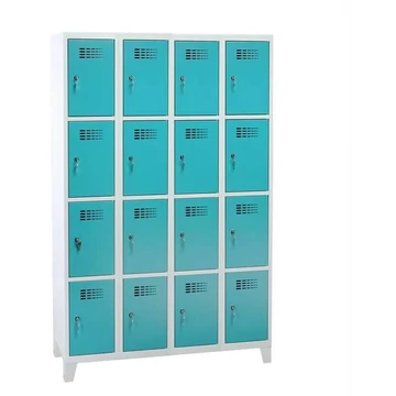 WEMO szekrény, 4x4 rekeszek, 1200x500x1940 mm, lábbal, ajtó színe türkizkék RAL5018, hengerzár