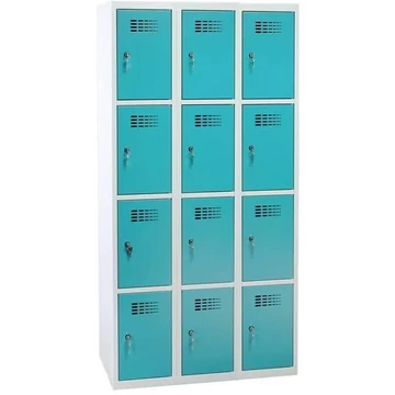 Szekrényszekrény WEMO, 3x4 rekeszek, 900x500x1800 mm, ajtó színe türkizkék RAL5018, forgóreteszes zár