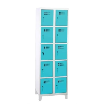 WEMO szekrény, 2x5 rekesz, 600x500x1940 mm, lábbal, ajtó színe türkizkék RAL5018, hengerzár