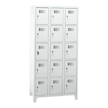 Szekrényszekrény WEMO, 3x5 rekesz, 900x500x1940 mm, lábbal, ajtó színe szürke RAL7035, forgóreteszes zár