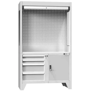 Tesztelő és ellenőrző munkaállomás, sz x mé x ma: 1200x600x2030 mm, 4x fiók, 1 x rekeszszekrény, ajtó színe világosszürke RAL7035