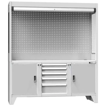 Tesztelő és ellenőrző munkaállomás, sz x mé x ma: 1800x600x2030 mm, 5x fiók, 2x speciális szekrény, ajtó színe világosszürke RAL7035