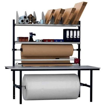 Csomagolóasztal tároló polccal és vágószerkezettel, asztalmagasság 750-900 mm