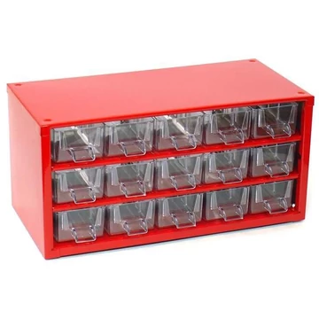 Fiókos tároló 306 x 155 x 147 mm, piros színű, 15 fiók