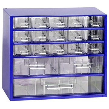 Fiókos tároló 306 x 155 x 282 mm, kék színű, 18 fiók