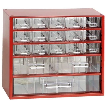 Fiókos tároló 306 x 155 x 282 mm, piros színű, 18 fiók