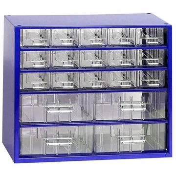 Fiókos tároló 306 x 155 x 282 mm, kék színű, 19 fiók