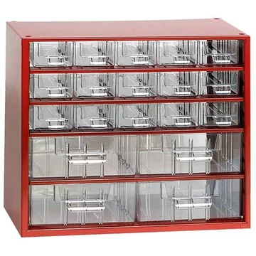 Fiókos tároló 306 x 155 x 282 mm, piros színű, 19 fiók