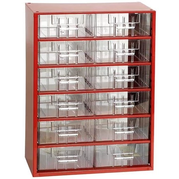 Fiókos tároló 306 x 155 x 420 mm, piros színű, 12 fiók