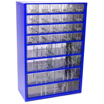 Fiókos tároló 306 x 155 x 460 mm, kék színű, 27 fiók