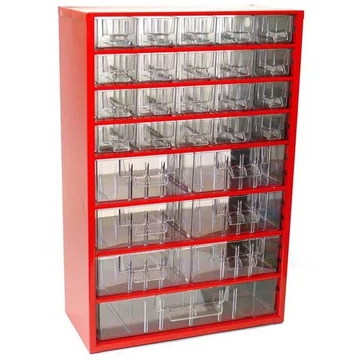 Fiókos tároló 306 x 155 x 460 mm, piros színű, 27 fiók