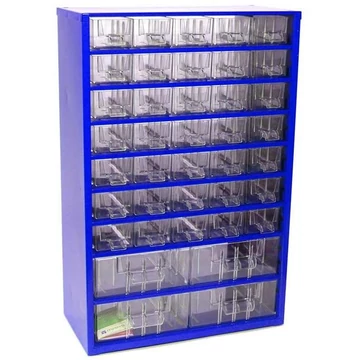 Fiókos tároló 306 x 155 x 460 mm, kék színű, 39 fiók