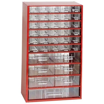 Fiókos tároló 306 x 155 x 551 mm, piros színű, 37 fiók