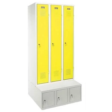 Szekrény, hegesztett, 3 x 300 mm, ajtó színe sárga RAL1023, tárolódobozzal