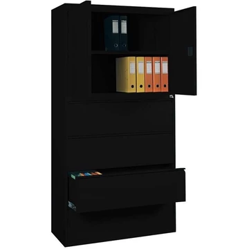 Acél polcos szekrény irattartóval, 4 fiók + szekrény 714 mm, szín: fekete RAL9005