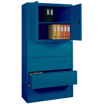 Acél polcos szekrény irattartóval, 4 fiók + szekrény 714 mm, kék színű RAL5010