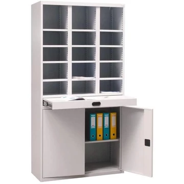 Acélszekrény 15 kis rekesszel és kétajtós szekrénnyel, ma x sz x mé: 1990 x 1000 x 435 mm, világosszürke RAL7035