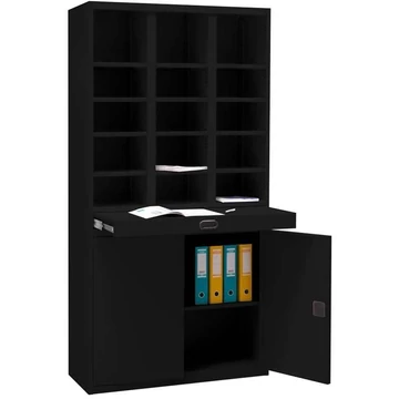 Acélszekrény 15 kis rekesszel és kétajtós szekrénnyel, ma x sz x mé: 1990 x 1000 x 435 mm, fekete RAL9005