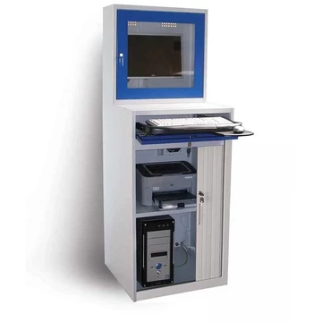 Számítógépes szekrény LCD monitorokhoz, redőnyös ajtóval és elektromos berendezéssel, befoglaló méretek (maxszxmé): 1750x640x630 mm, szürke RAL7035 / enciánkék RAL5010