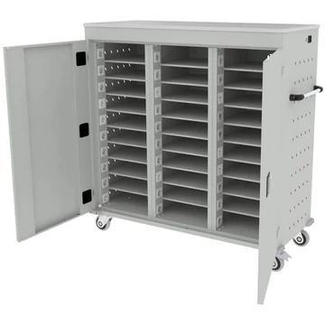 Szekrény noteszgépekhez, töltéssel, 30 rekesz, szélesség x mélység x magasság: 1310x500x1250 mm, ház világosszürke RAL7035 / ajtó színe világosszürke RAL7035