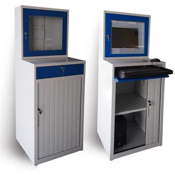 Számítógépes szekrény LCD monitorokhoz, redőnyös ajtóval, befoglaló méretek (ma x sz x mé): 1750x640x630 mm, szürke RAL7035 / enciánkék RAL5010