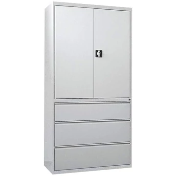 Acél polcos szekrény függőmappás fiókkal, 3 fiók + szekrény 1064 mm, szín: szürke RAL7035