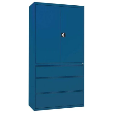 Acél polcos szekrény irattartóval, 3 fiók + szekrény 1064 mm, szín: kék RAL5010