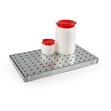 Gyűjtőtálca kis tartályokhoz, jóváhagyással, horganyzott, perforált lemezrácsokkal, gyűjtőtérfogat 30l, 1000 x 600 mm
